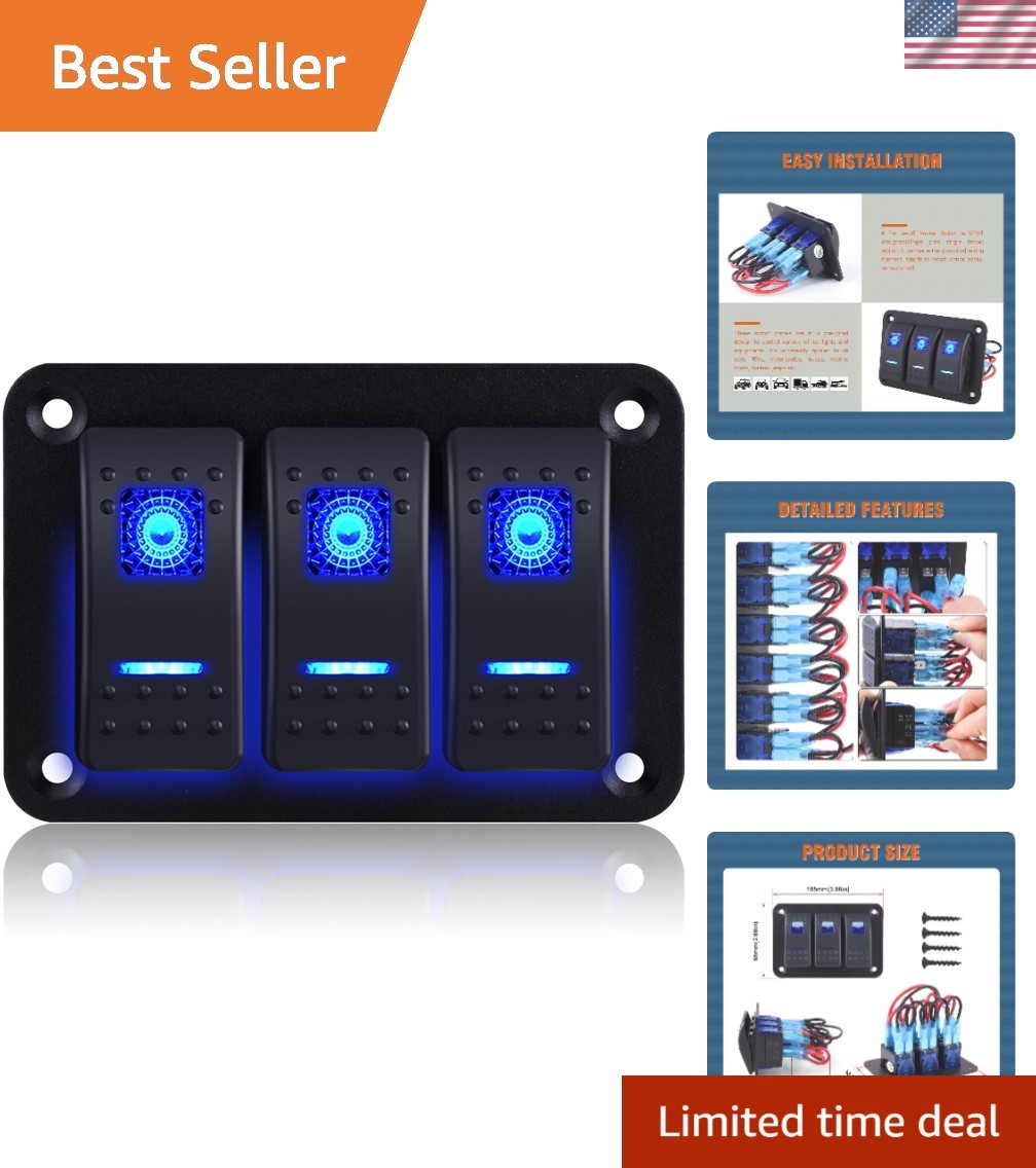 Waterproof 3 Gang Rocker Switch Panel for Marine & Automotive Use - 12V/24V
