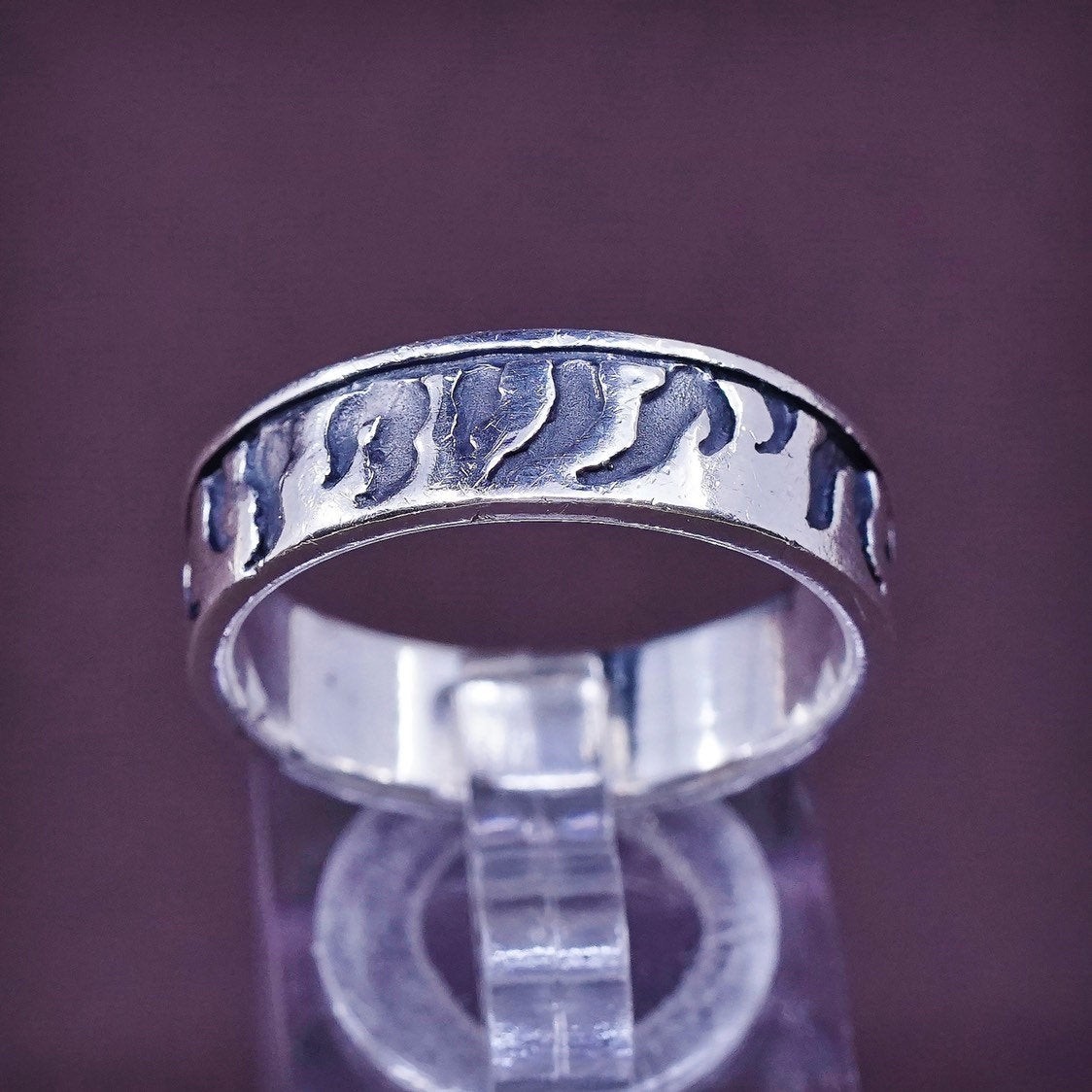 sz 11, vtg Sterling silver handmade ring, 925 band w/ fire embossed