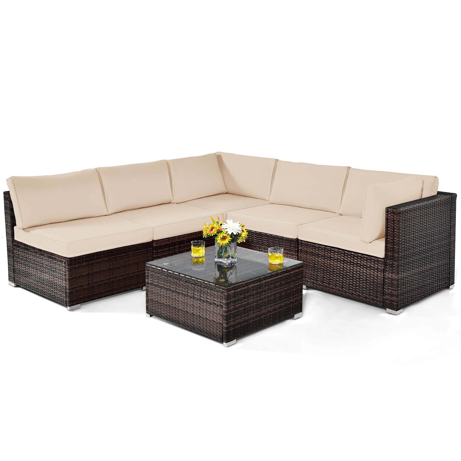 Set of 6 Rattan Furniture Set Patio Cushioned Sofa Coffee Table Brown