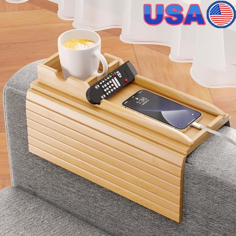 Bamboo Sofa Armrest Tray 2 in 1 Detachable Cup Holder Non-Slip Couch Organizer