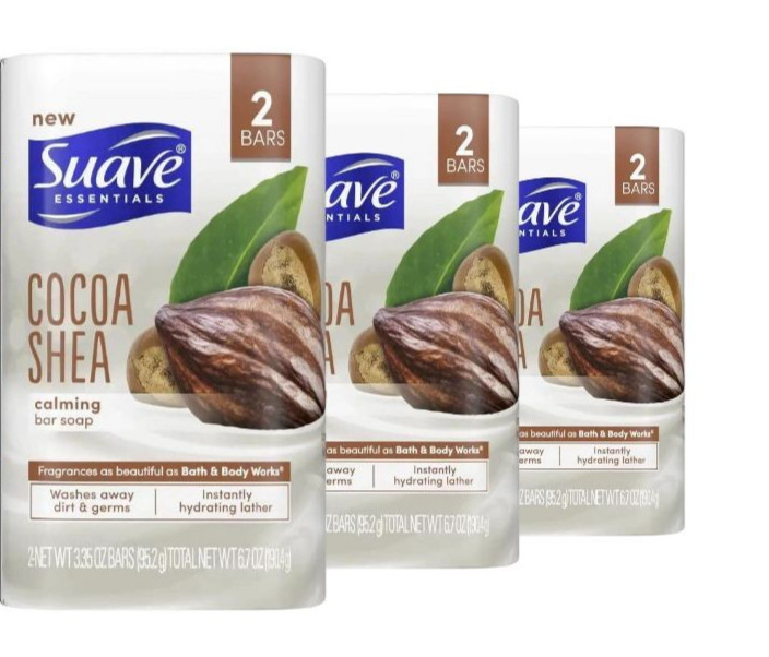 6  Bars Suave Cocoa Shea Calming Bar Soap 3.35 oz. Bars