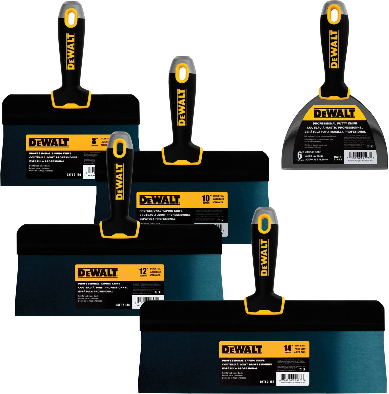 DEWALT Taping Knife Set Big Back Blue Steel 8-10-12-14" w/ Bonus 6" Joint Knife
