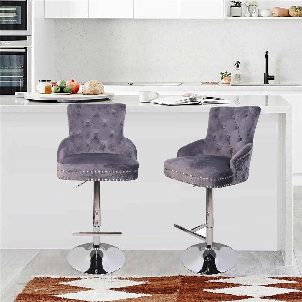 Extra Large Velvet Bar Stool Heavy Duty Adjustable Breakfast Chair w Stable Base