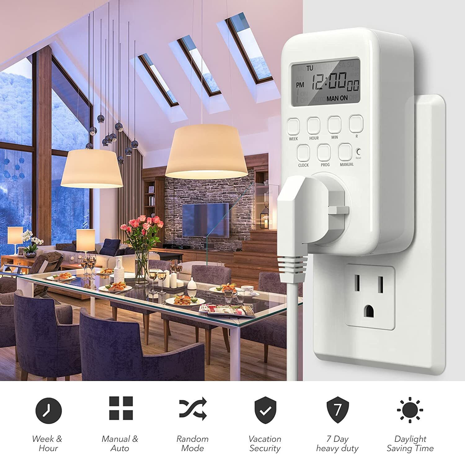 BN-LINK 15A 125V LCD Display in Programmable Digital Timer Weekly Switch Outlet