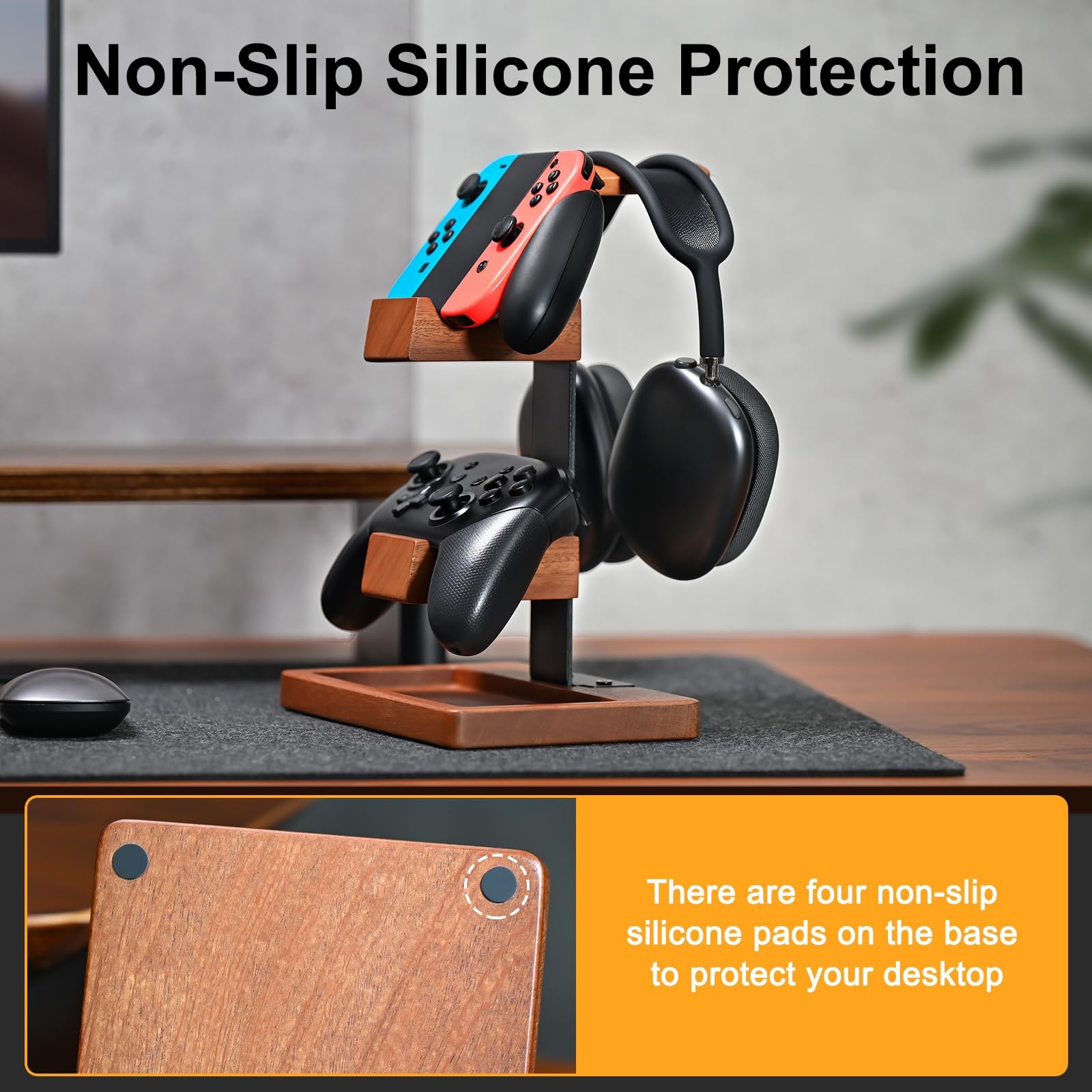Solid Wood Controller Holder and Headphone Stand, Brown & Black