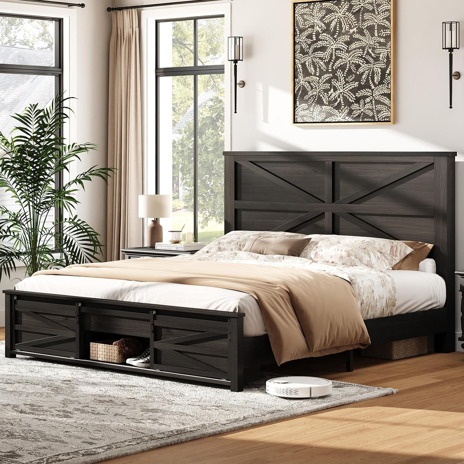 Full Size Farmhouse Wood Bed Frame with Sliding Barn Door Storage | 49" Tall Hea