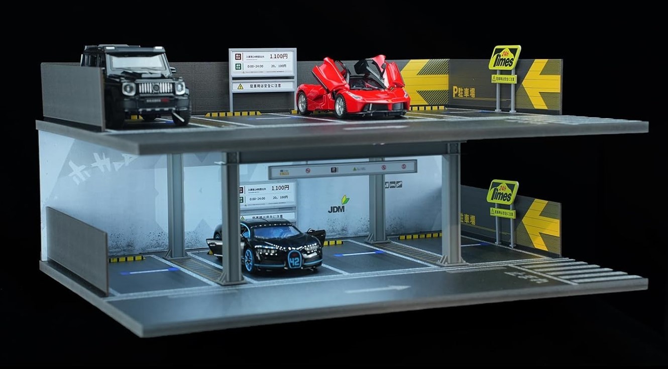 Car Display Case 8 Slot LED Light 1/24 Model Diecast Parking Garage Road Diorama