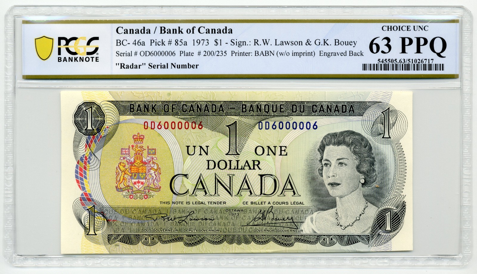 1973 $1 Bank of Canada 2 Digit RADAR NOTE OD6000006 - Choice UNC, PCGS UNC63 PPQ