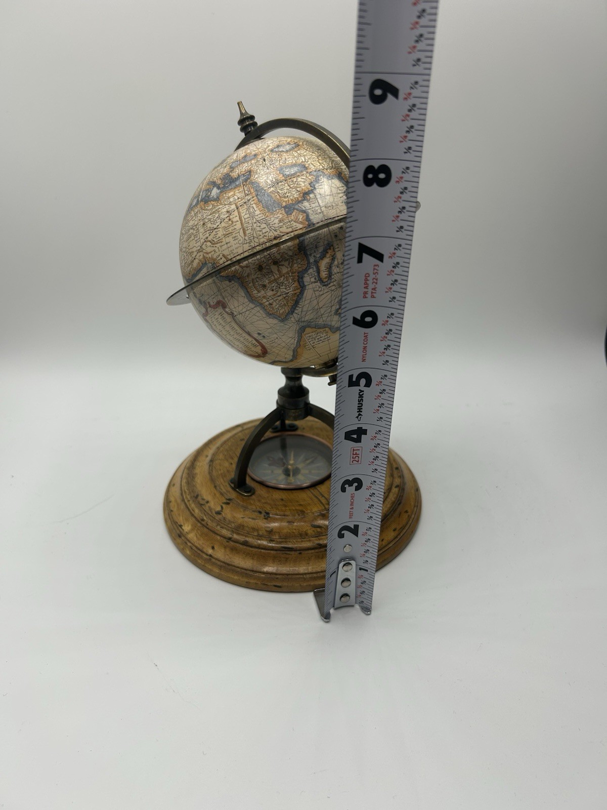 Authentic models vintage style globe with built in compass. 6” wide, 9” high