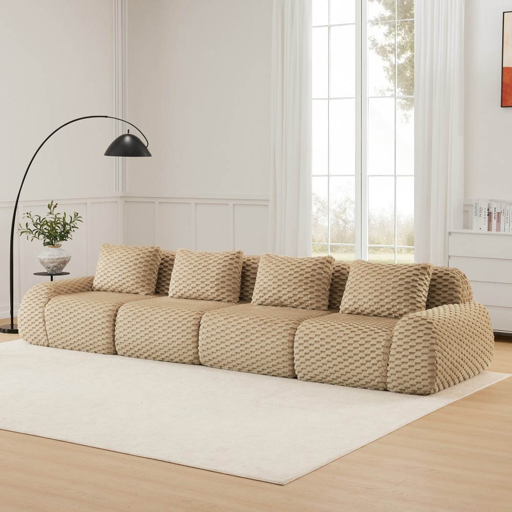 146" Modular Sectional Sofa w/ Flannelette Fabric, 4-Seater, Light Camel