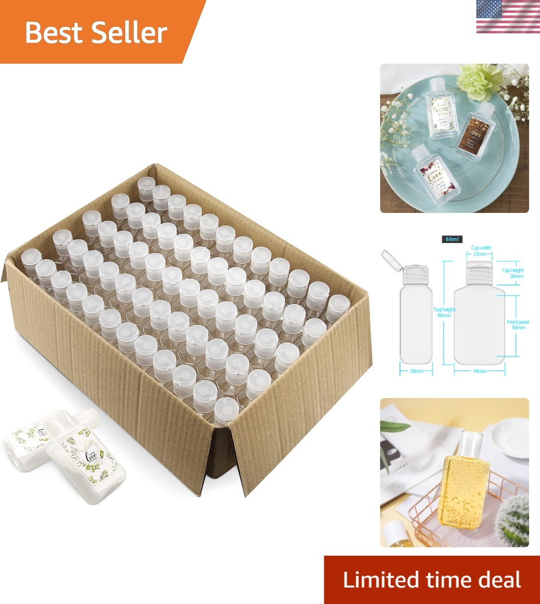 Versatile 60-Pack 2oz Refillable Clear Plastic Bottles for Sanitizer and Shampoo