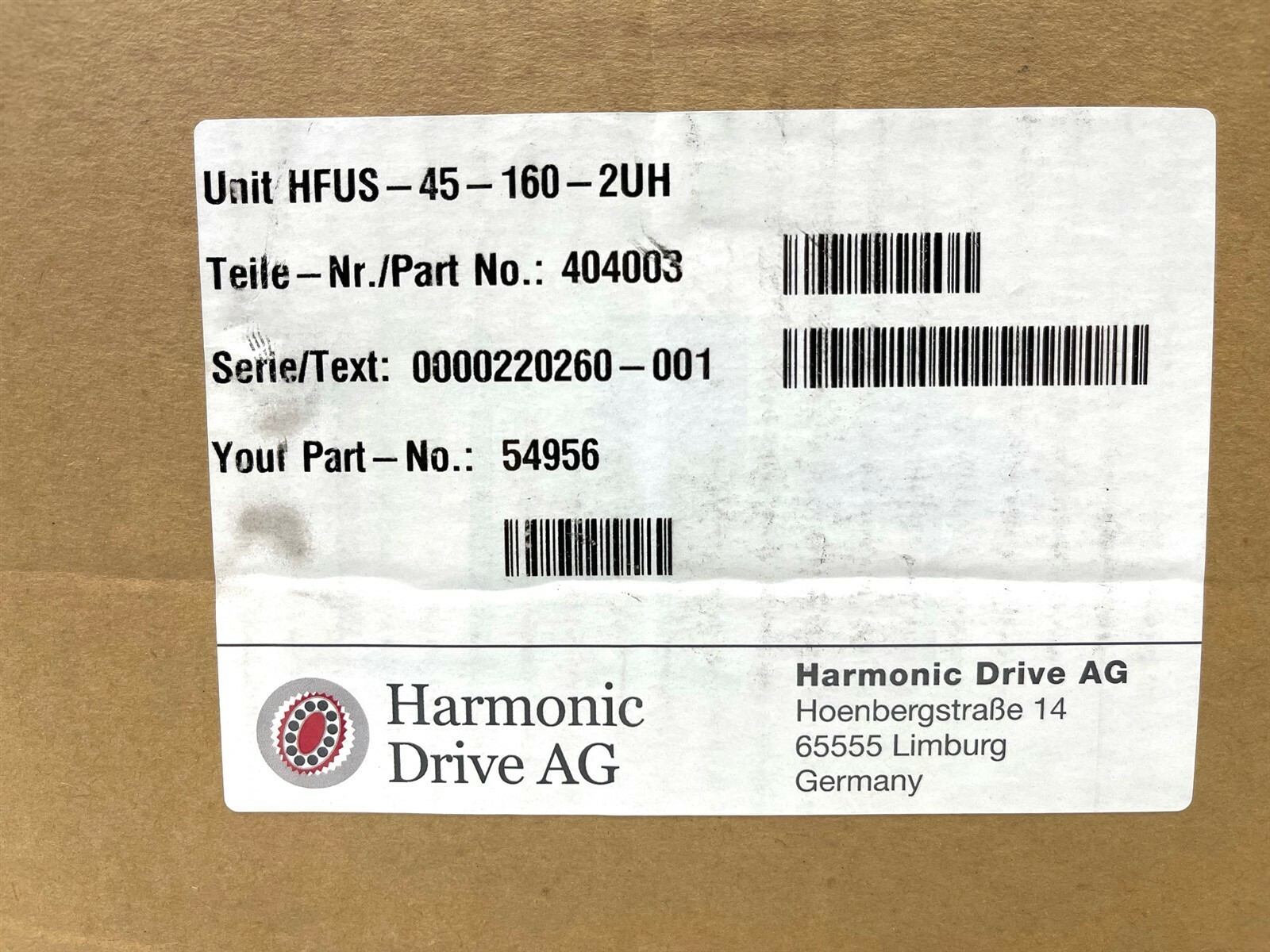 HARMONIC DRIVE AG UNIT HFUS-45-160-2UH NEW/UNUSED SURPLUS