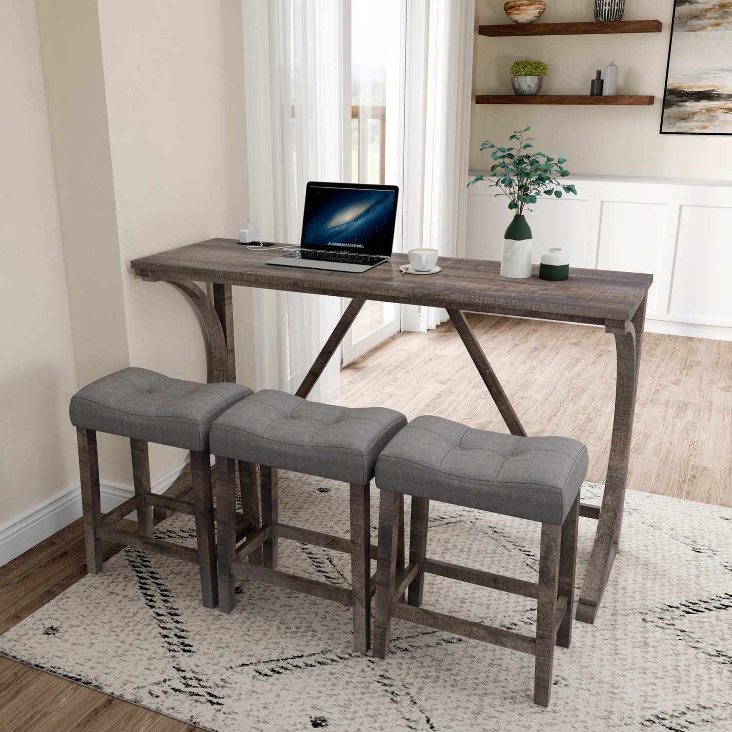 Modern 4 Piece Bar Table Set w/ 3 Saddle Bar Stools & USB Port for Small Spaces