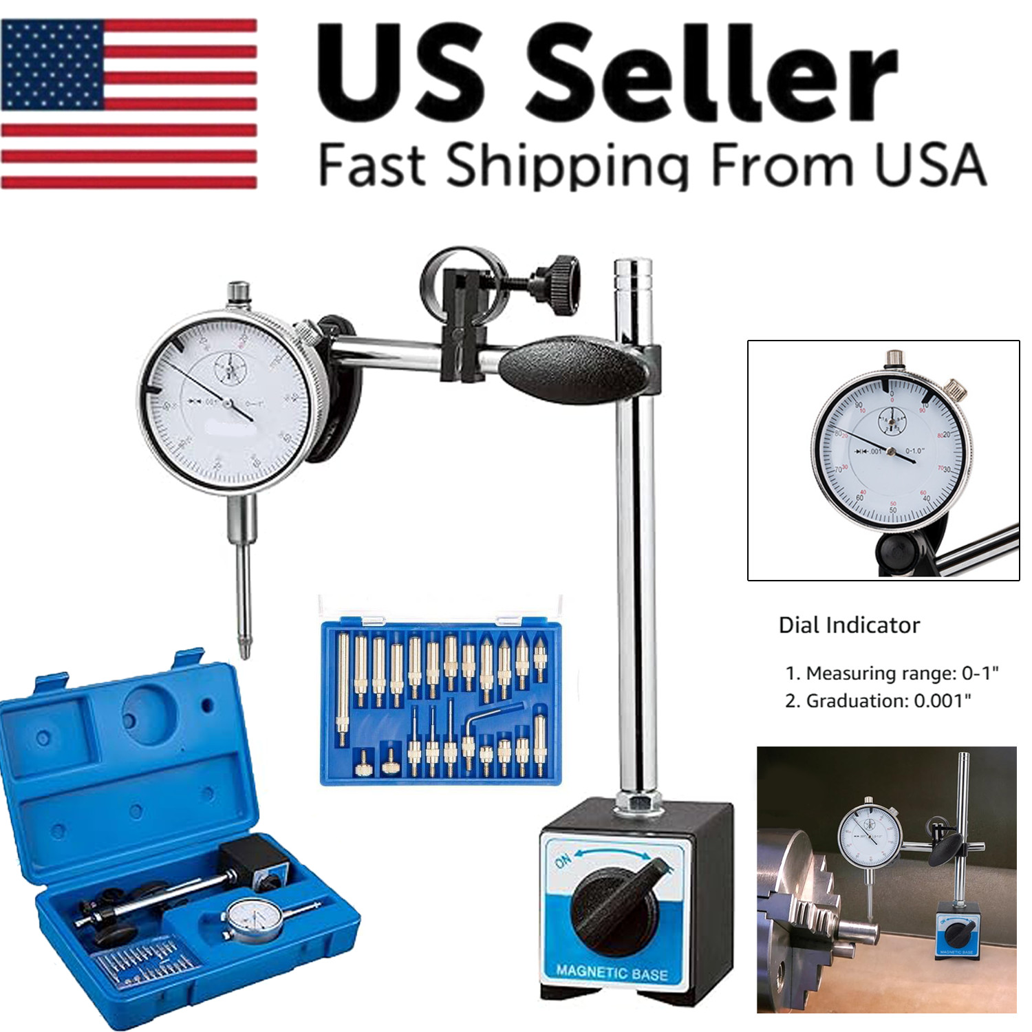 Dial Indicator with Magnetic Base Holder 0-1 Inch Gauge 0.001 Precision