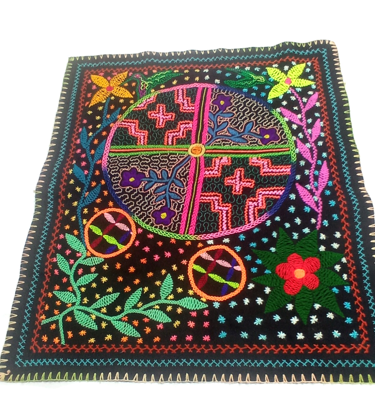 Shipibo Embroidery flowe of the life, piñon,icaro aya visions textile 17"x19.50"
