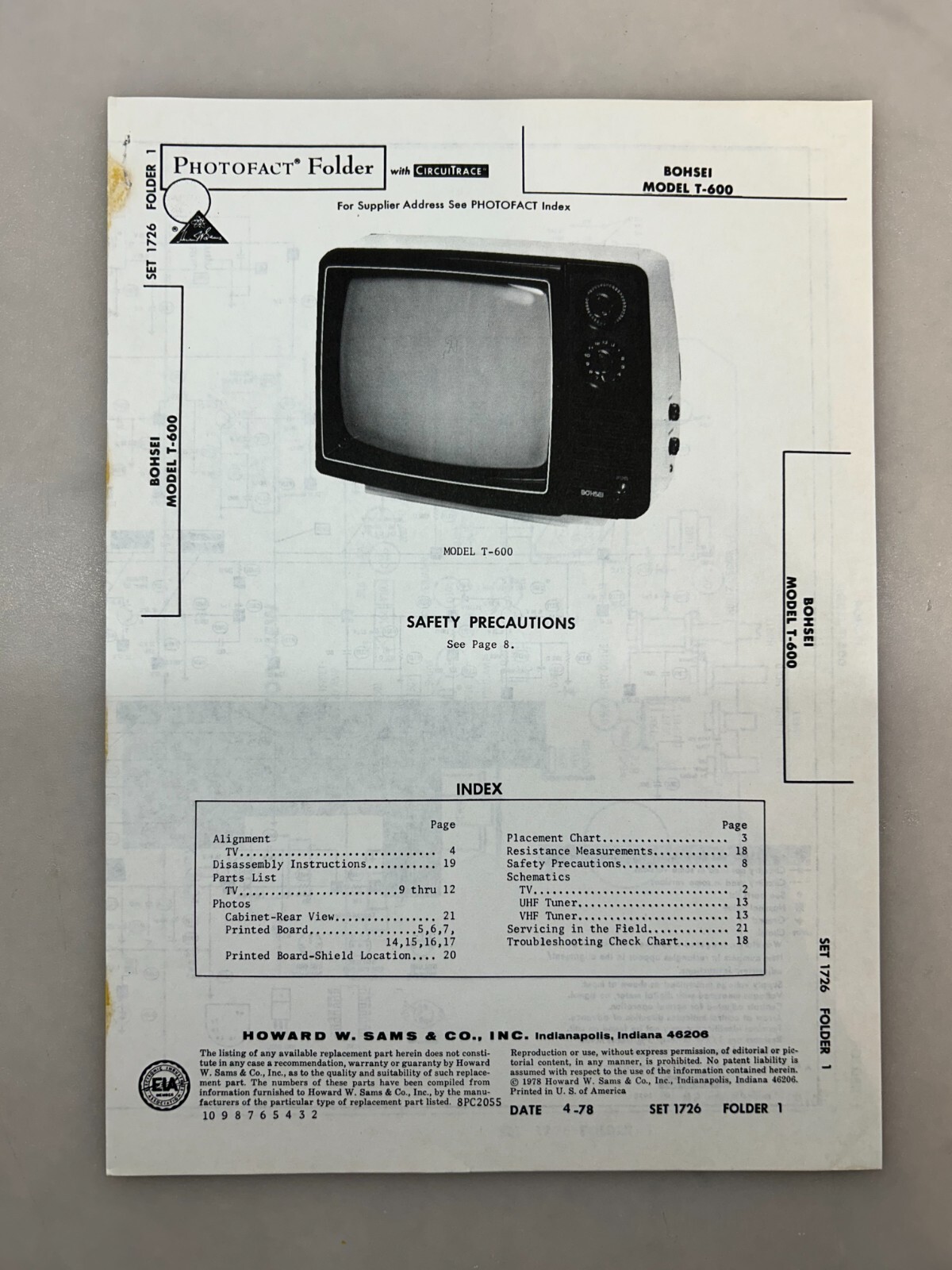 Bohsei T-600 Service Manual Sams Photofact Free Shipping