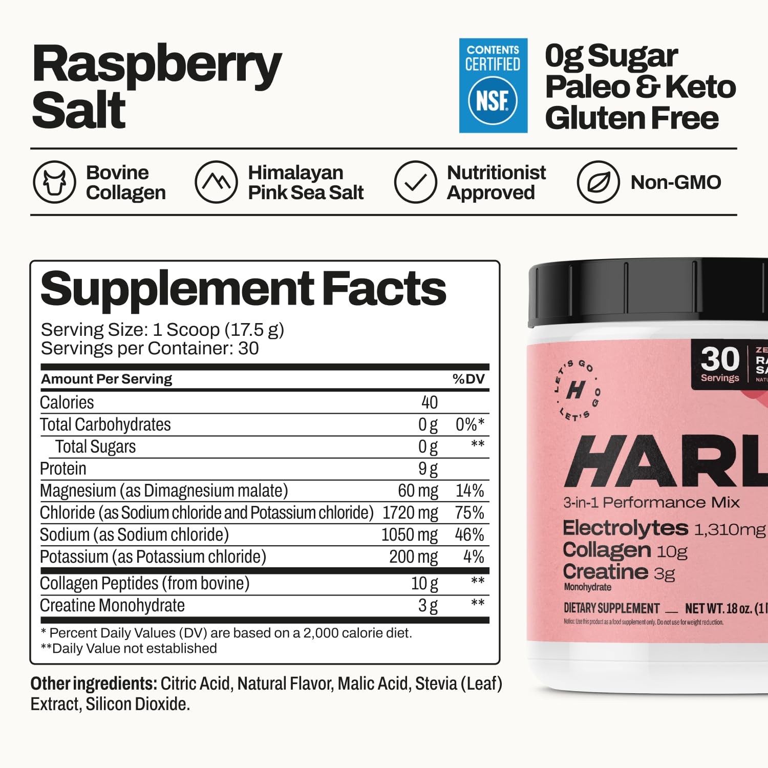 Harlo 3-in-1 Electrolytes Powder Collagen Creatine Raspberry 30 Serv BB 7/26