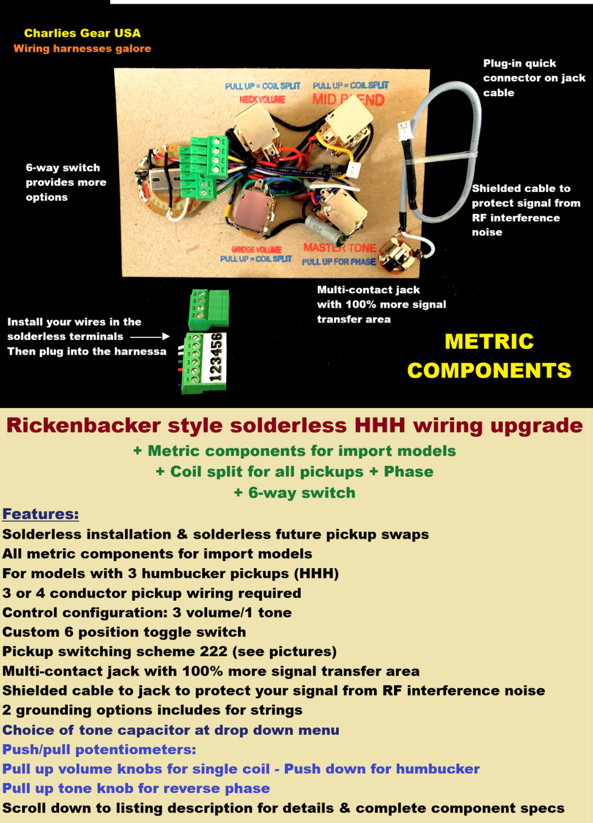 Rickenbaker Style Solderless METRIC HHH Wiring Upgrade + Coil Split + Phase