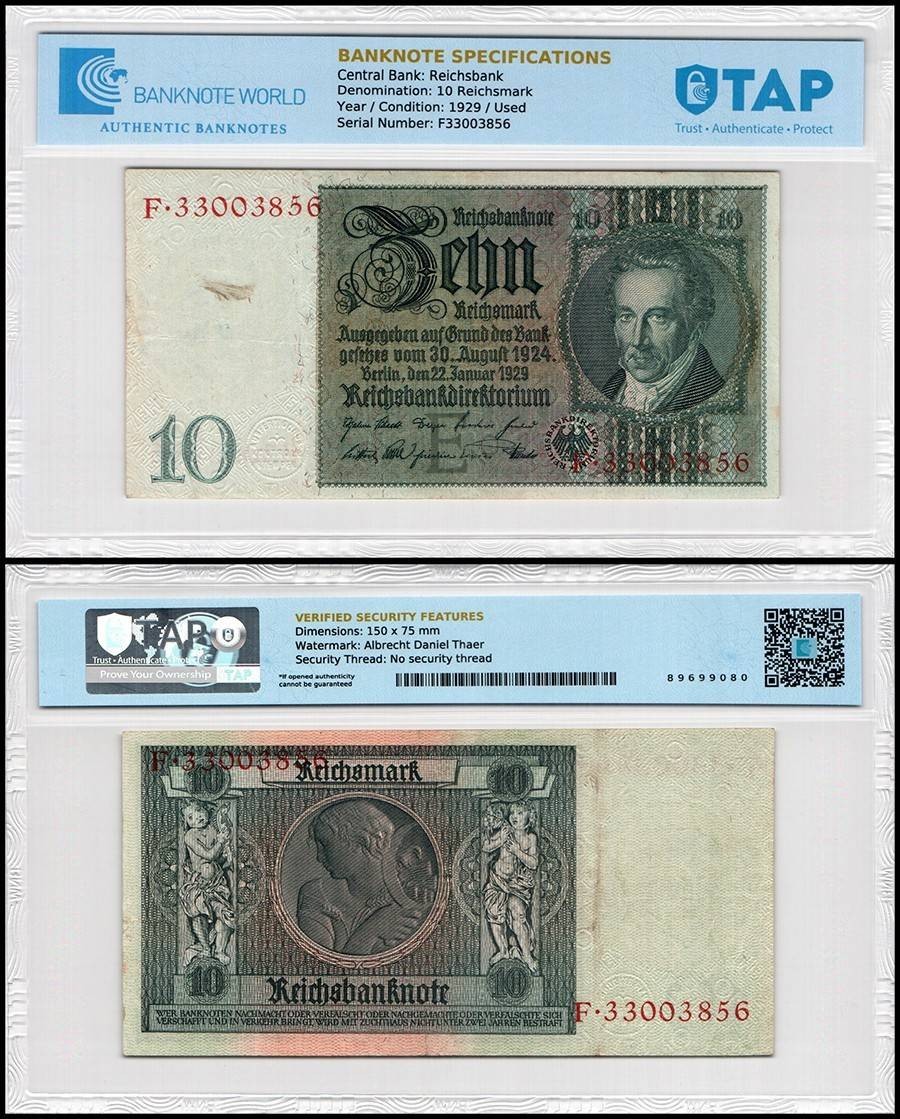 Germany 10 Reichsmark, 1929, P-180, Used, TAP Authenticated