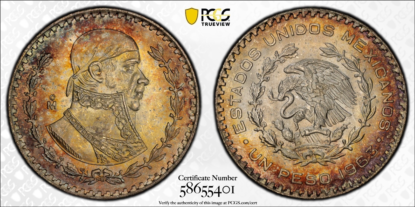 MS67 1963-Mo Mexico Silver 1 Peso, PCGS Trueview- Beautifully Toned