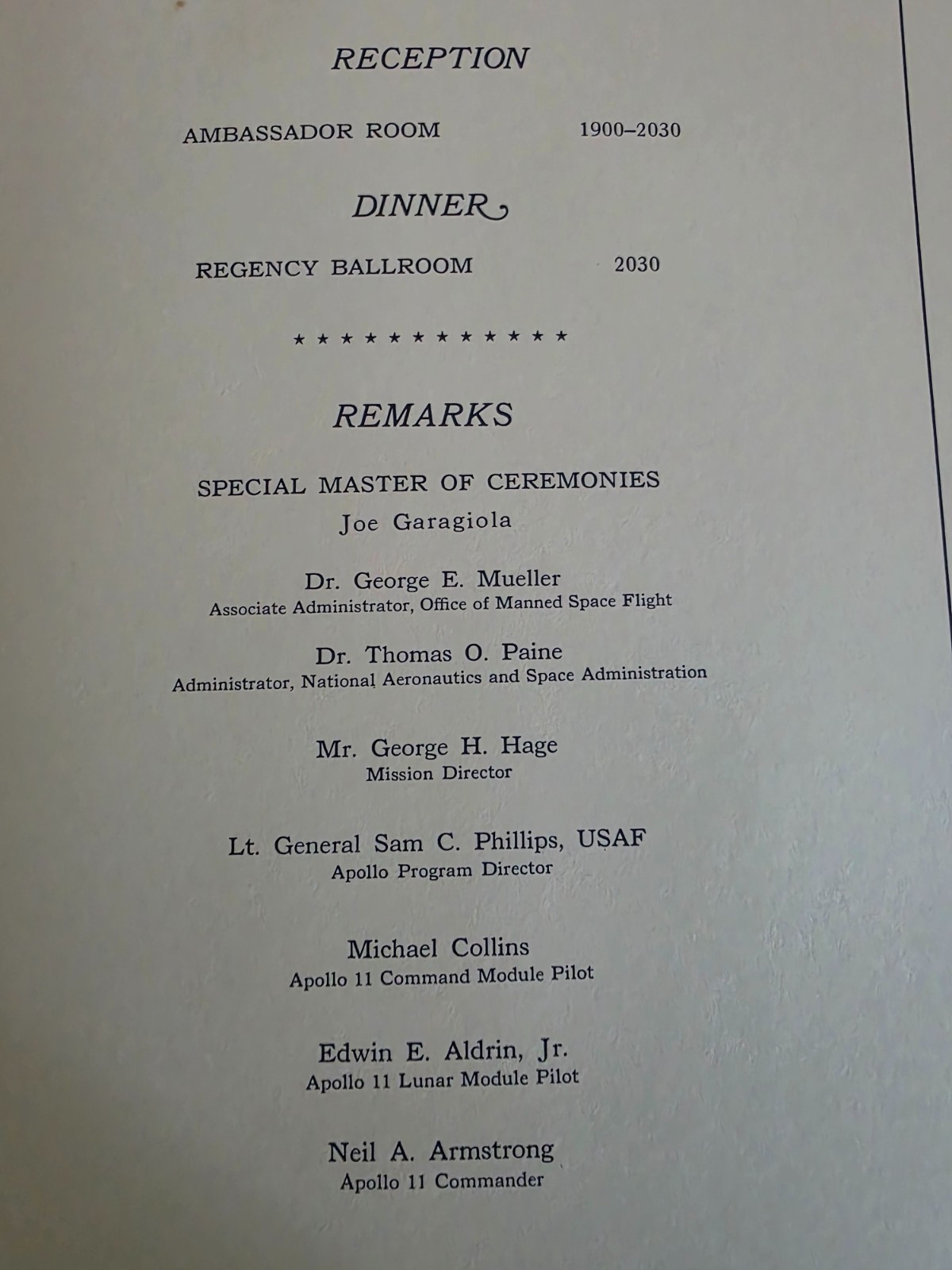 Apollo 11 Splashdown Party Program - Owned by Captain J Holcomb