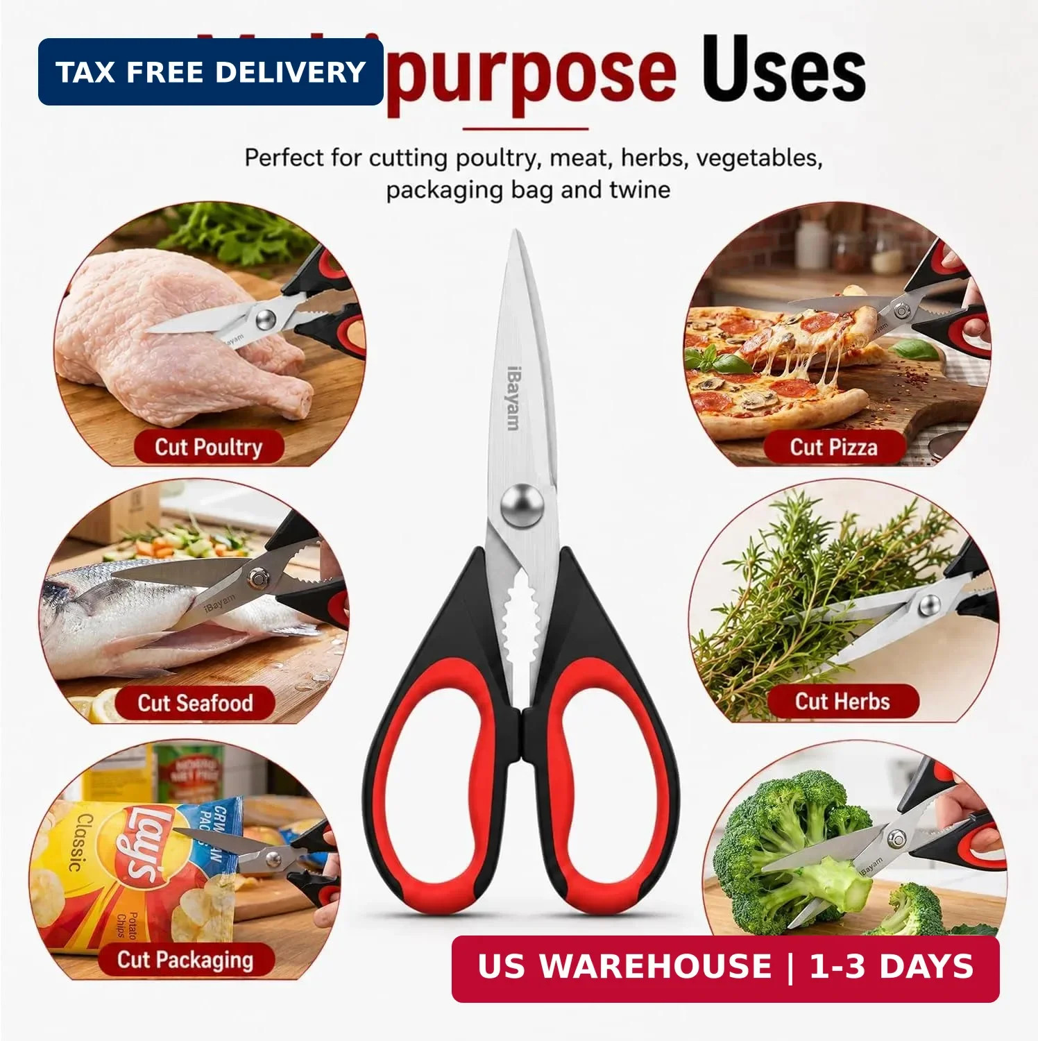 iBayam 3-Pack 8.7" Kitchen Scissors All Purpose Heavy Duty Shears w/Sheath | Sof