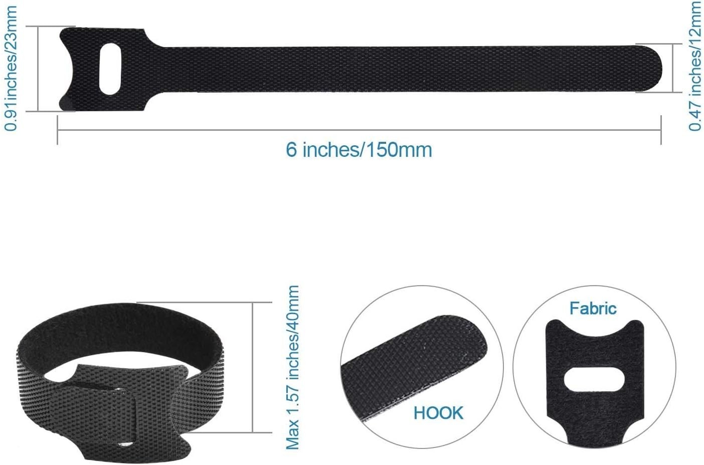 Durable 60PCS Hook & Loop Cable Ties – Reusable Microfiber Organizers in Black
