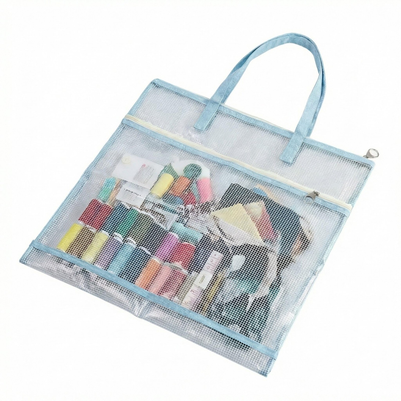 Mesh Craft Project Bag 16.5x16.5in Sewing Organizer w/ Zipper Handles Blue