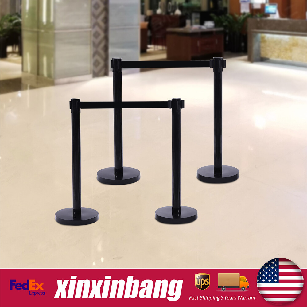 4 PCS Crowd Control Barrier Queue Poles Black Retractable Belt Stanchion Posts