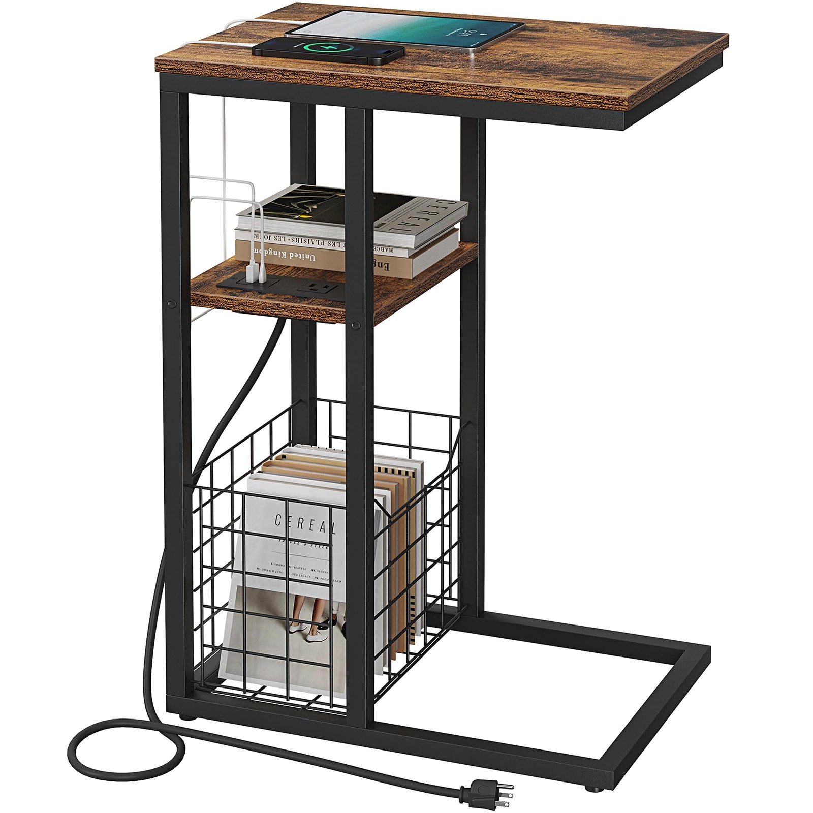 C Shaped End Table Charging Station Side Couch 28 Inch High Rustic Brown