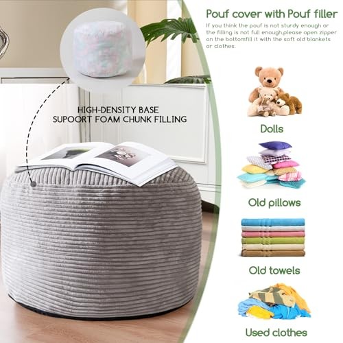 Round Stuffed Pouf Ottoman, Corduroy Poufs with Foam Chunk 20 inch Grey