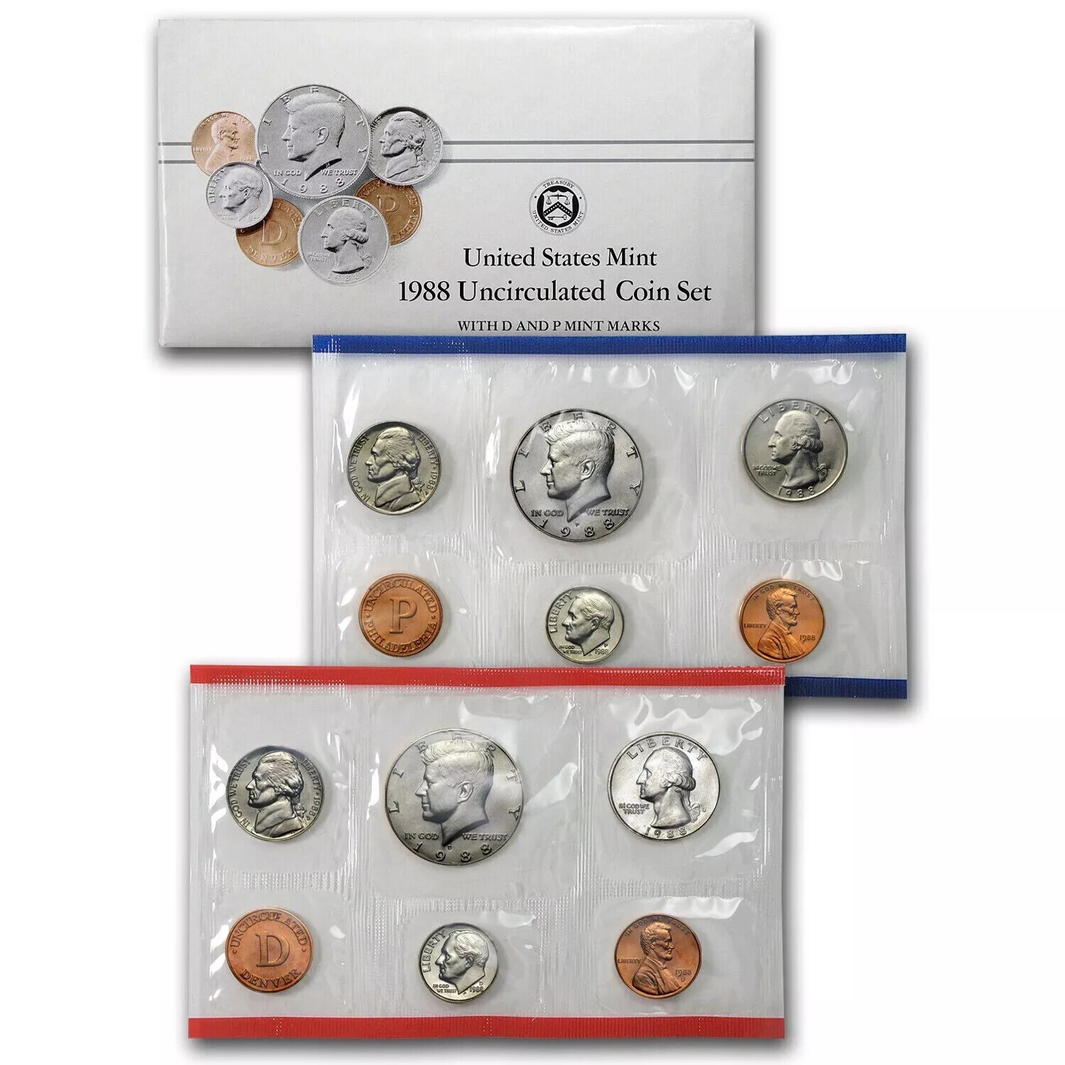 1988 P&D Mint Set Brilliant Uncirculated US with Envelope & COA (10 Coin Set)