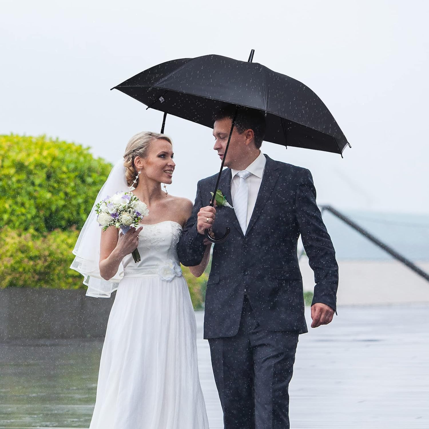 Black Umbrella Bulk Wedding Stick Umbrellas Large Canopy Windproof Rain Auto Ope