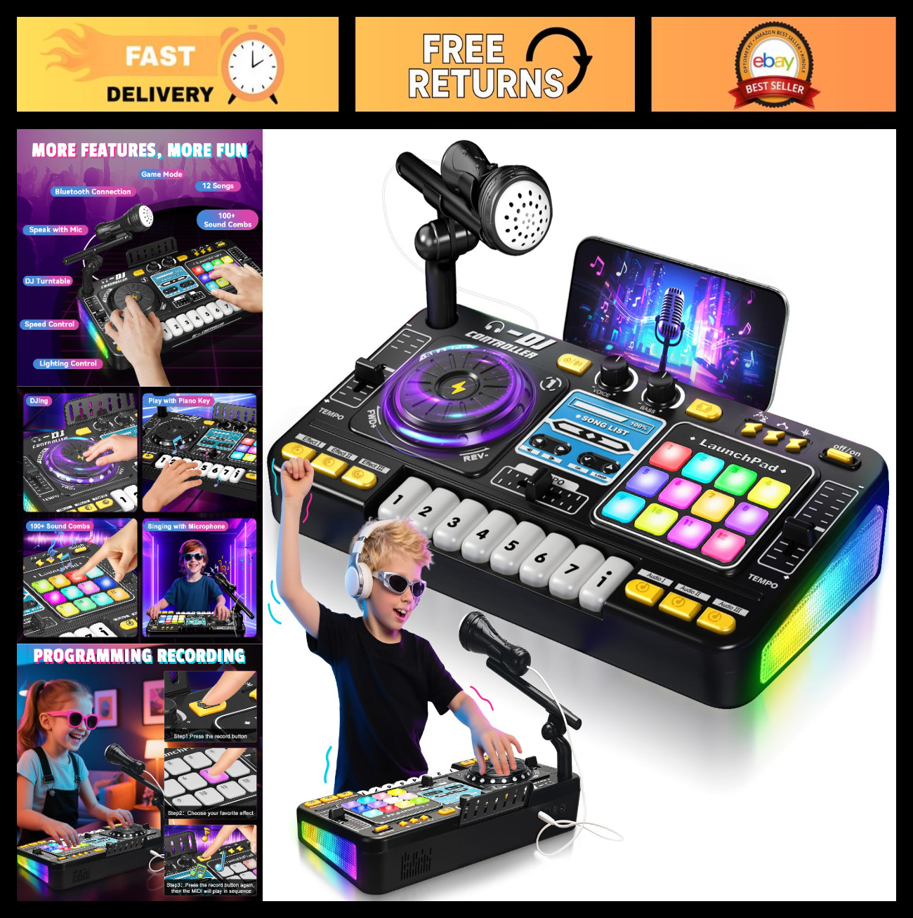 Kids DJ Mixer Table - Toddler Turntable with Game Mode, Lights, Microphone - Gif