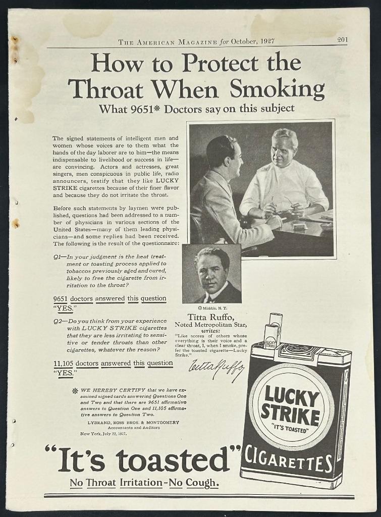 Magazine Ad - 1927 - Lucky Strike cigarettes - Titta Ruffo - opera