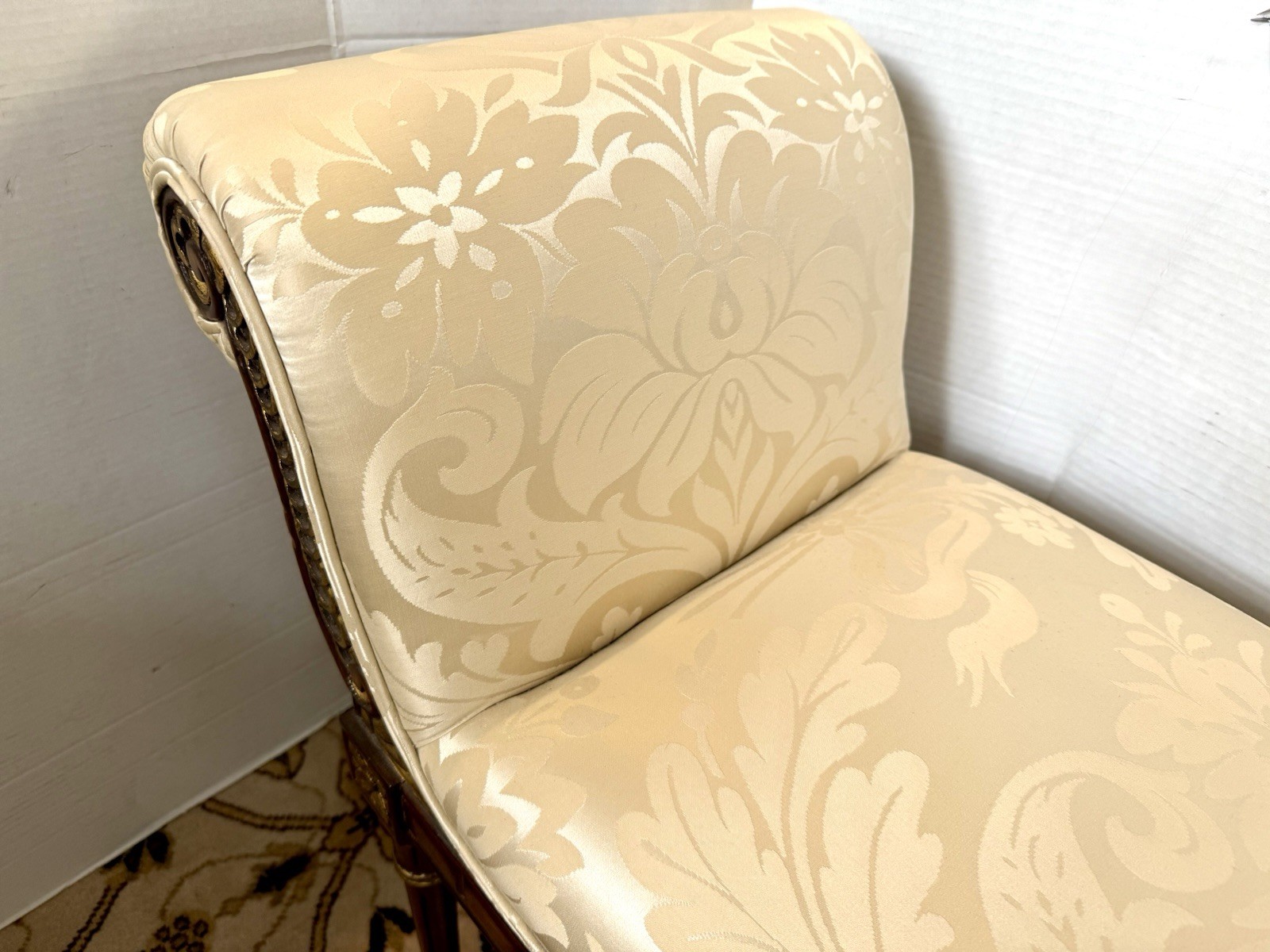 Magnificent Neoclassical Carved Mahogany and Gilt Scroll Arm Window Bench Seat