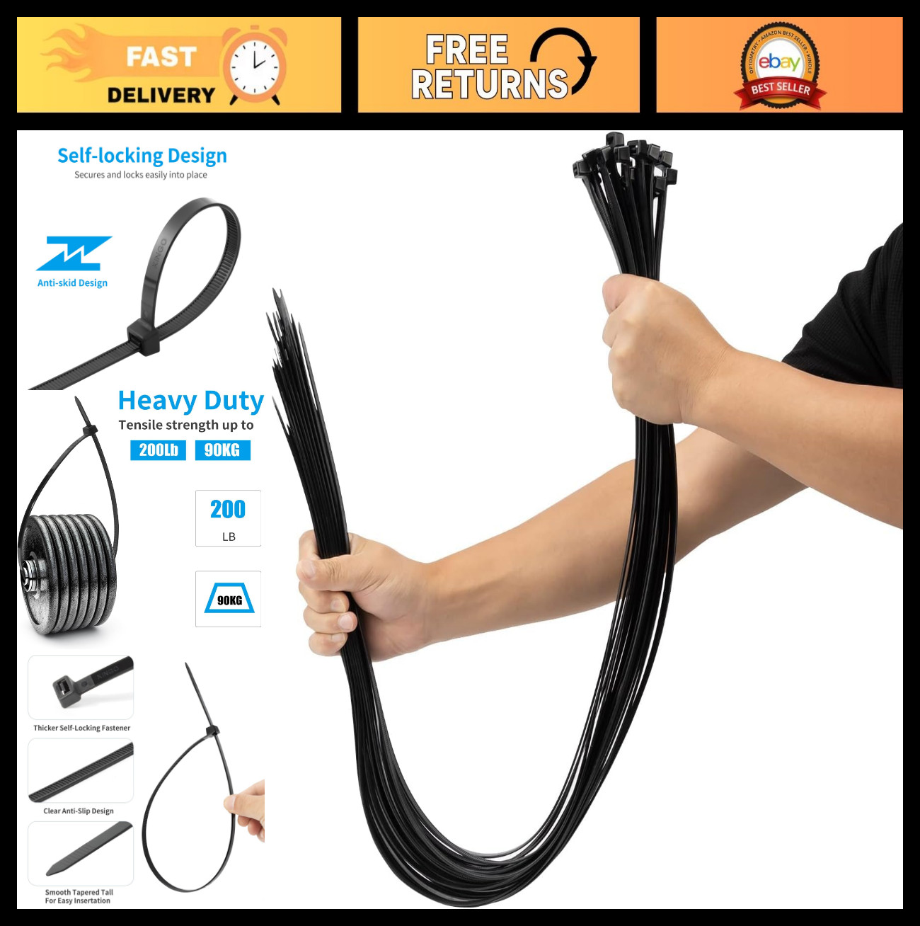 48" Heavy Duty Black Zip Ties 150 Pack - 200 LBS Ultra Strong Cable Ties, UV Res