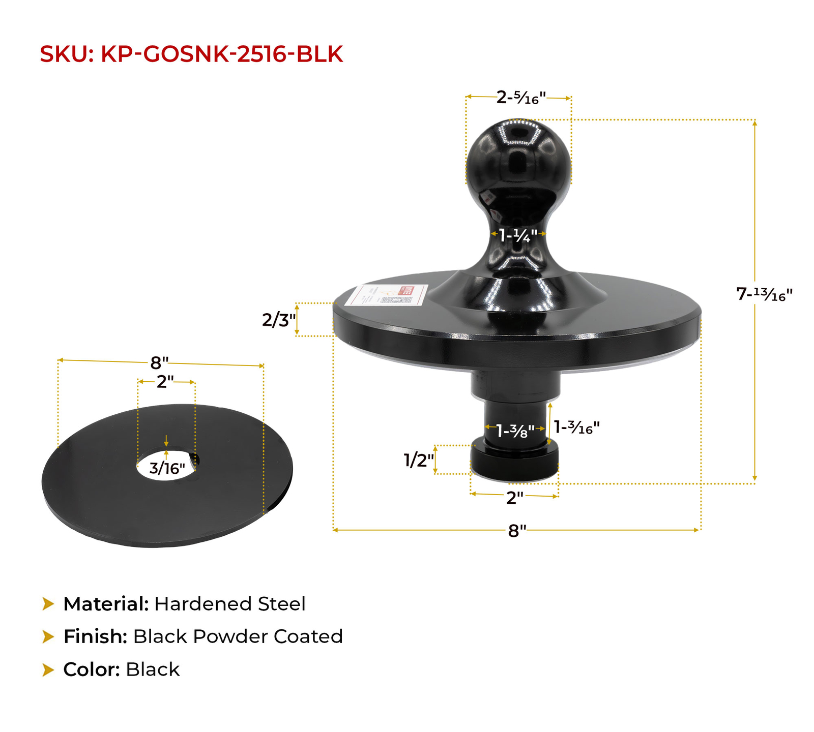 Kingpin to 2-5/16" Gooseneck Ball Hitch Adapter w/ Rings Fit for Tractor, Black