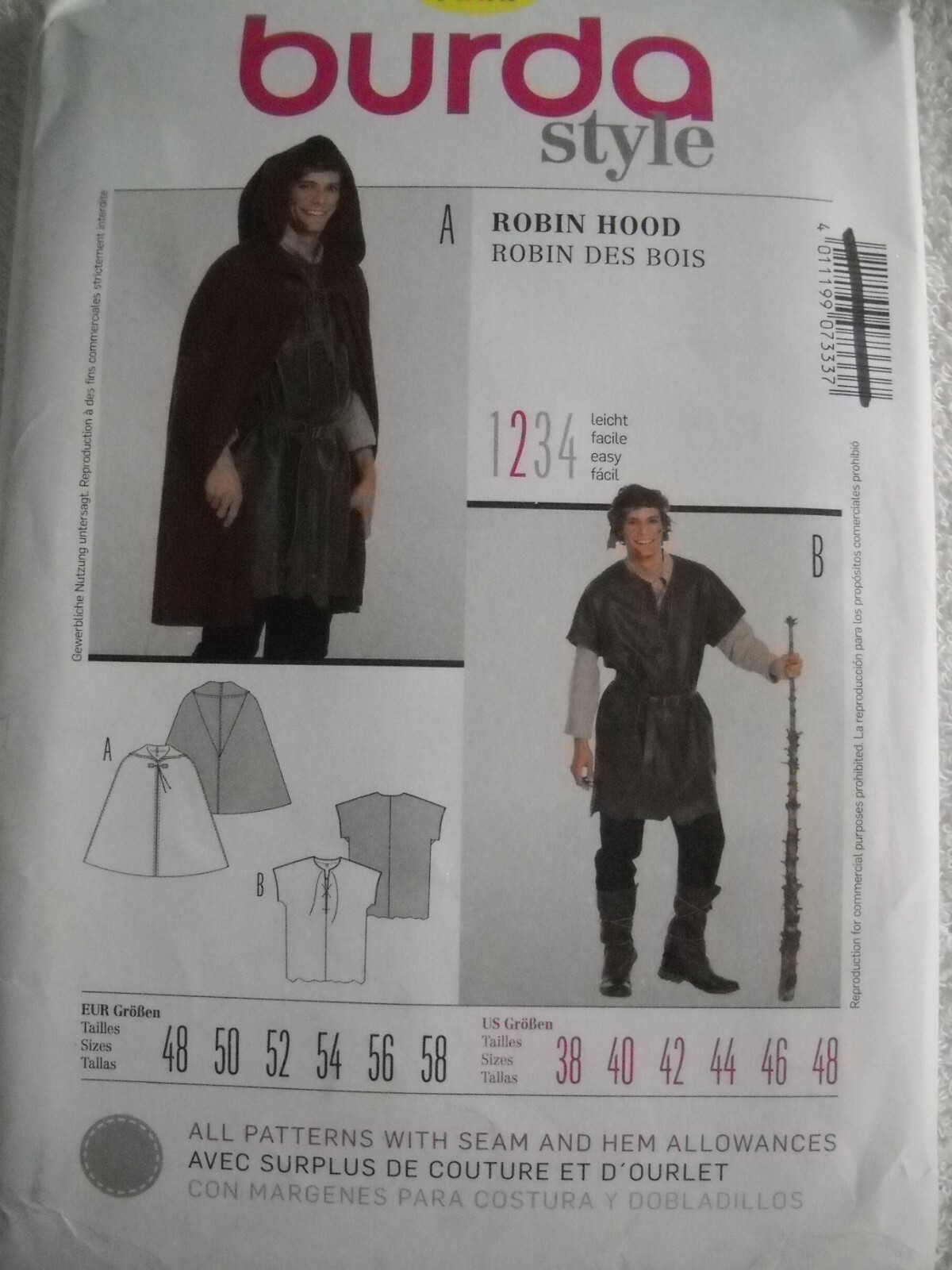 Men's Robin Hood Medieval Shirt Cape Cloak Size 38-48 Burda 7333 Sewing Pattern*