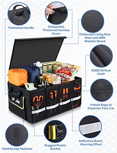 Car Trunk Organizer, Collapsible Waterproof Multi Compartments Standard Black