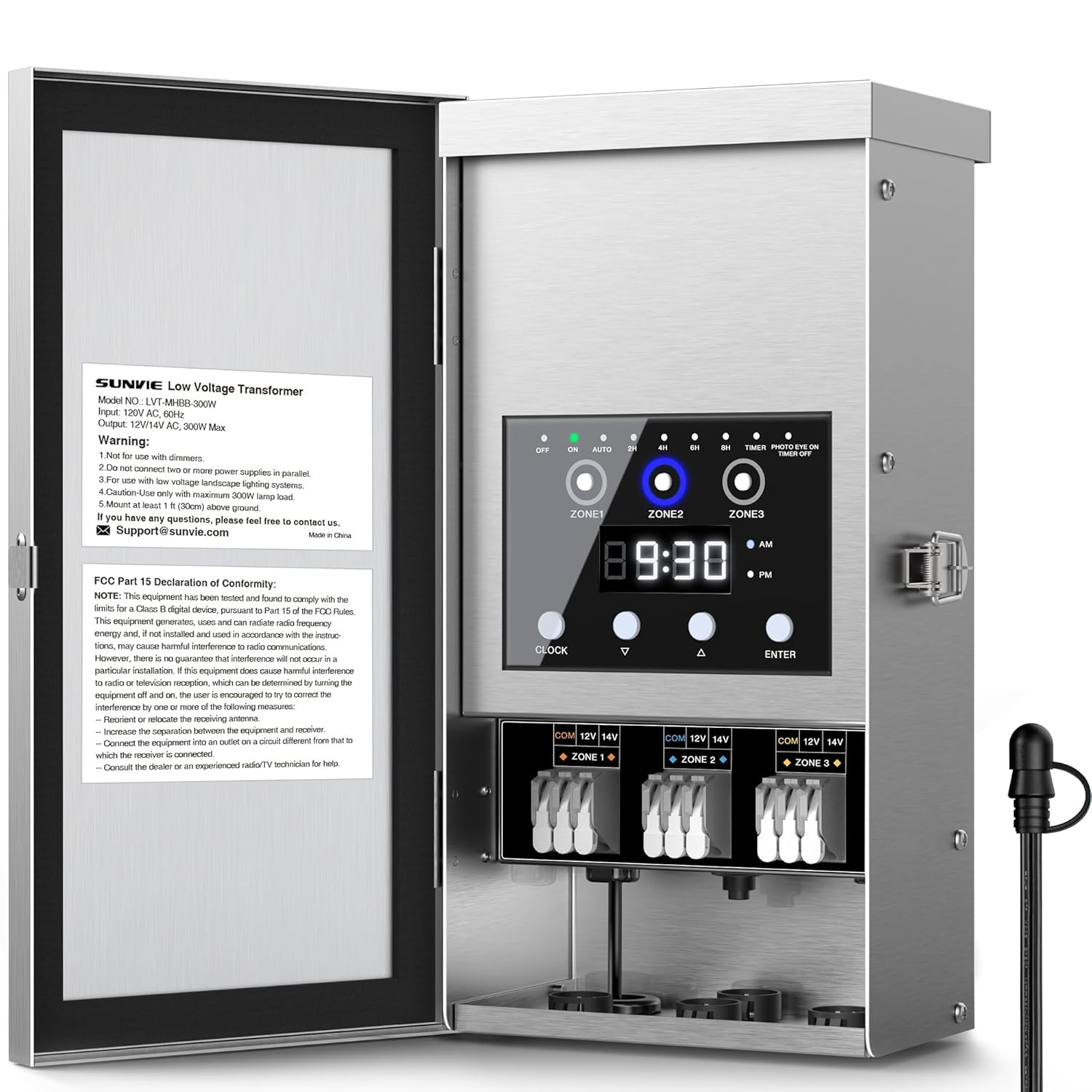 300W Low Voltage Transformer with 3 Zone, Photocell Sensor & Timer | 120V to 12V
