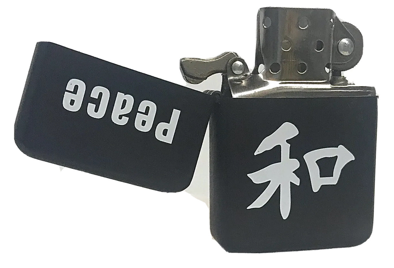 “Peace” In Chinese & English Black Flip Top Oil Lighter Wind Resistant Flame