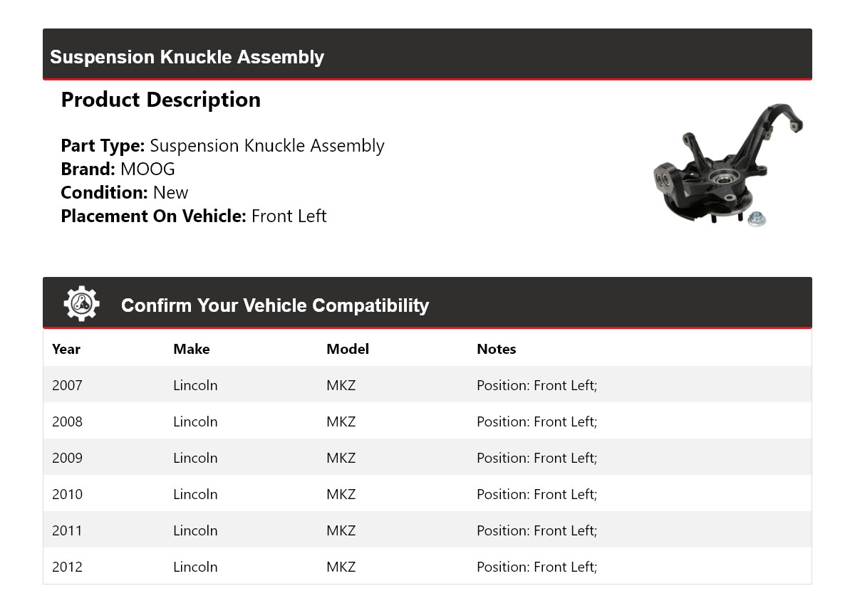 For 2007-2012 Lincoln MKZ Suspension Knuckle Assembly Front Left MOOG 2007 2008