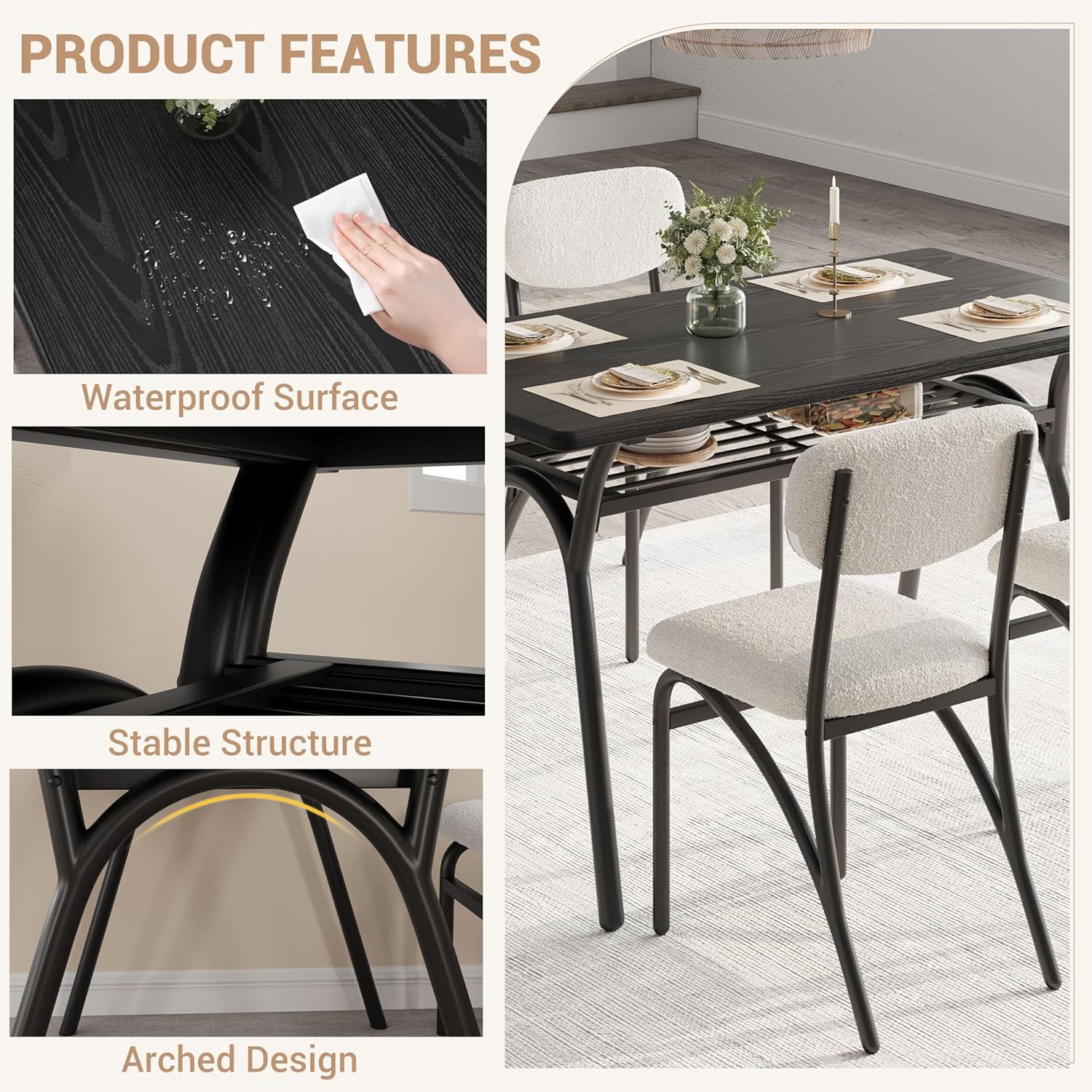 Perfect Space Solution, 4-Person Dining Set W/ Storage Rack, Grey Chair & Marble