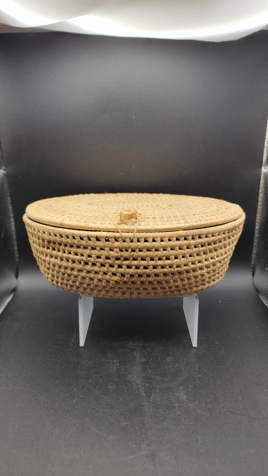Vintage Handwoven Wicker Oval Jewelry Box Basket w/ Lid Blue Velvet Lined...