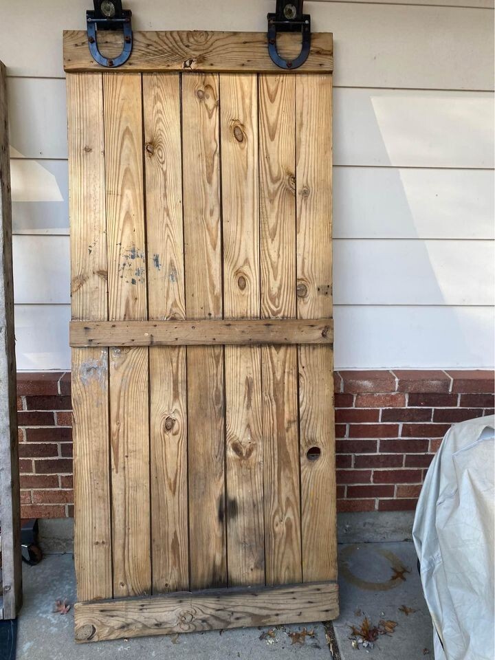 Antique 1906 Sliding Wood Barn Door w/ Original Big 4 Horseshoe Steel Sliders