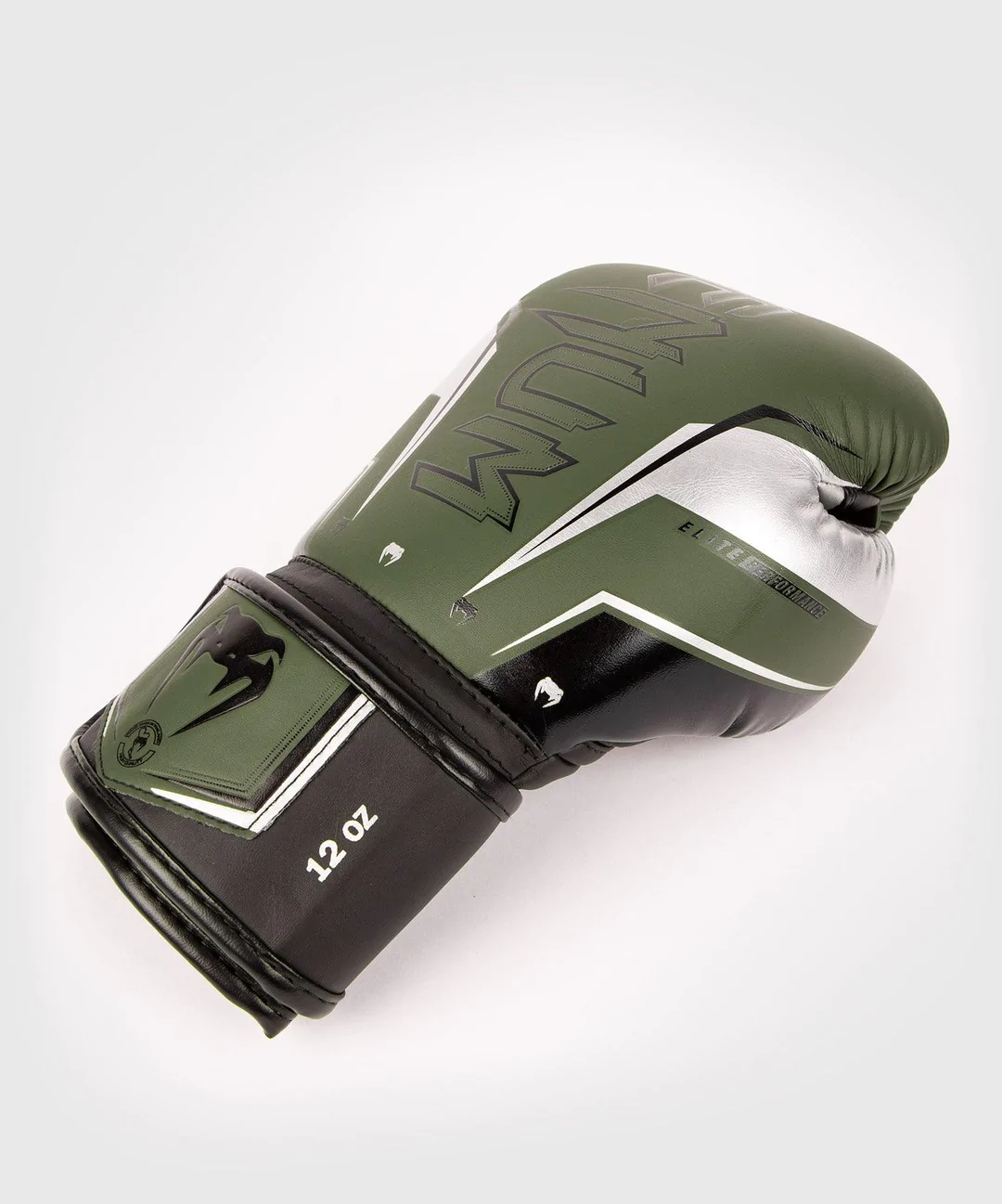 Venum Elite Evo Hook and Loop Boxing Gloves - Khaki/Silver