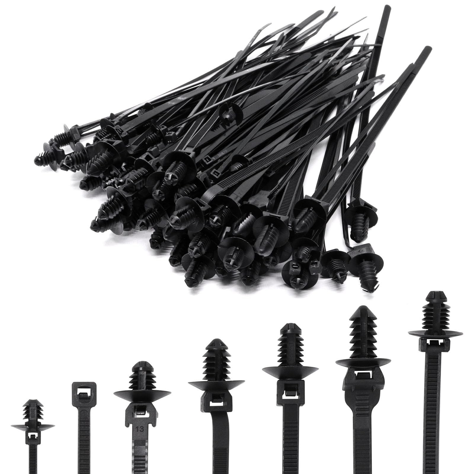100pcs Push Mount Cable Zip Tie Assortment, 7 Popular Size Universal Nylon Se...