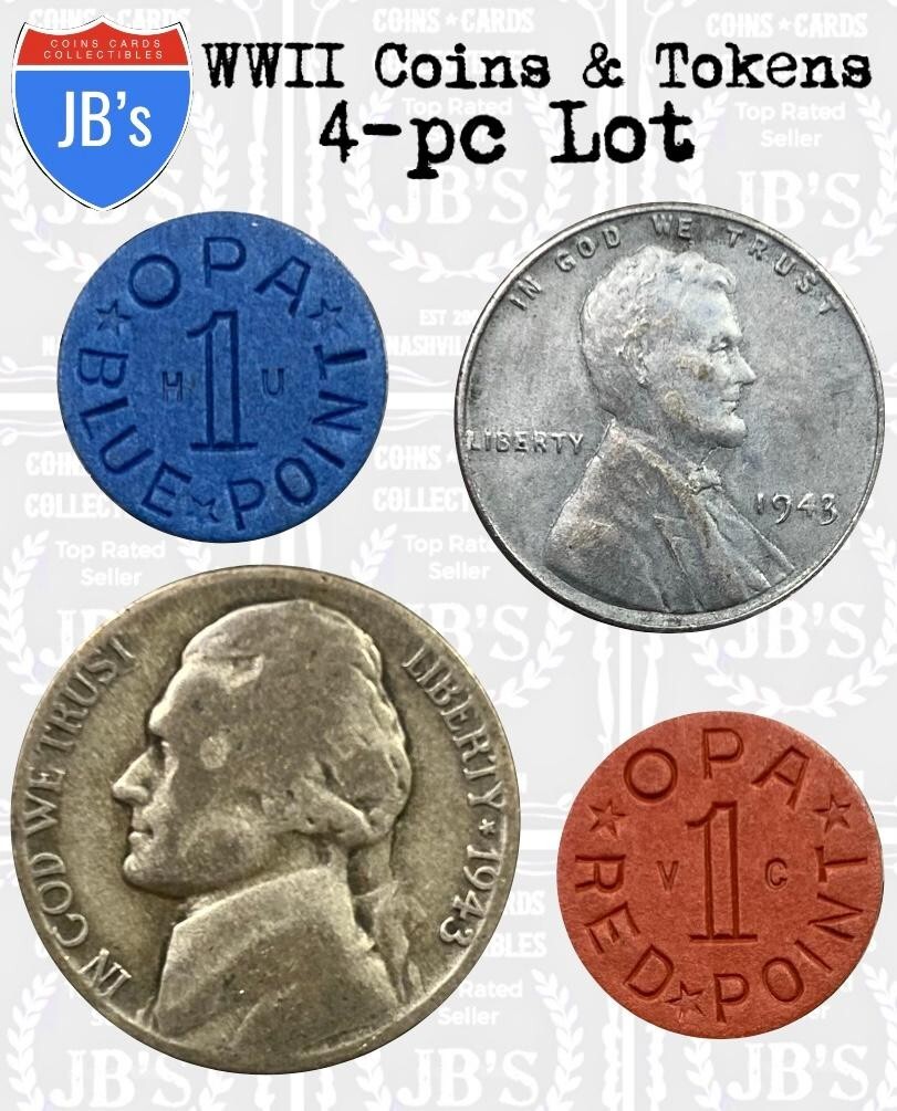 WWII 1943 Steel Cent, 1943 Silver War Nickel, OPA Food Ration Tokens World War 2
