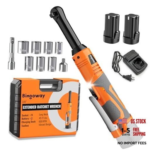 3/8" Extended Electric Ratchet Wrench Set, 45ft-lbs(61N.m) 16V Cordless Long